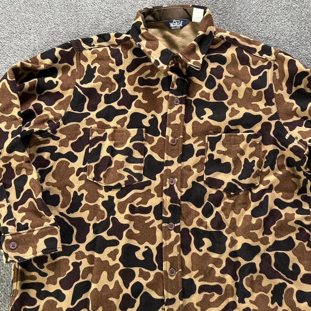 Woolrich Shirt Mens 2XL Brown Duck Camo Hunting Wool Flannel Made USA Vintage